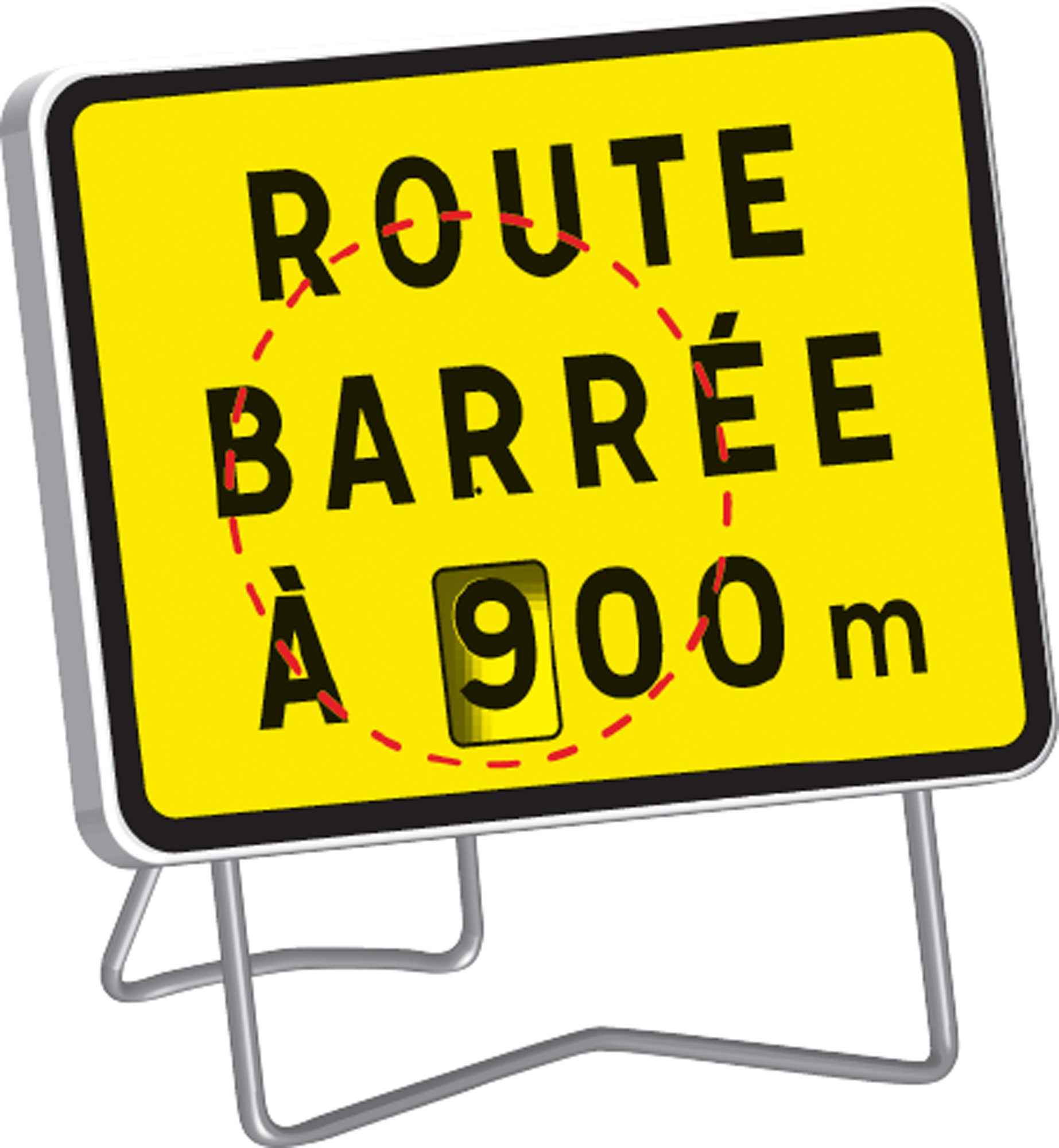 Panneau kc1 ' route barree a --- m ' avec disque de distance variable de 100 à 900 m classe t1 + pied - nadia signalisation - 201234